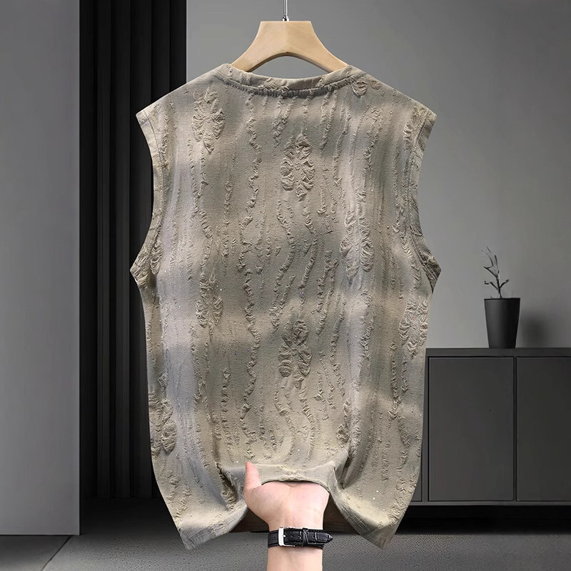 Designer New Summer T-Shirt for Men Trendy Versatile Loose Sleeveless Tee Round Neck Casual Distressed Tank Top