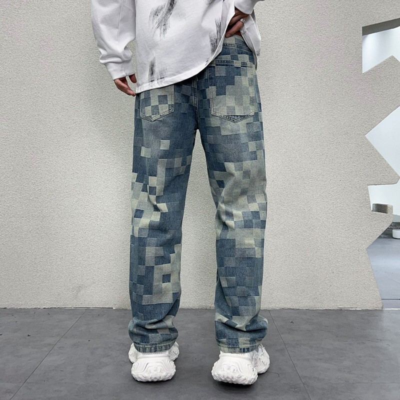 Designer Luxury Brand Loose Plus Size Straight Leg Men's Jeans Fashion Street Must-have Checkered Print Men's Denim Pants Washed Casual Floo