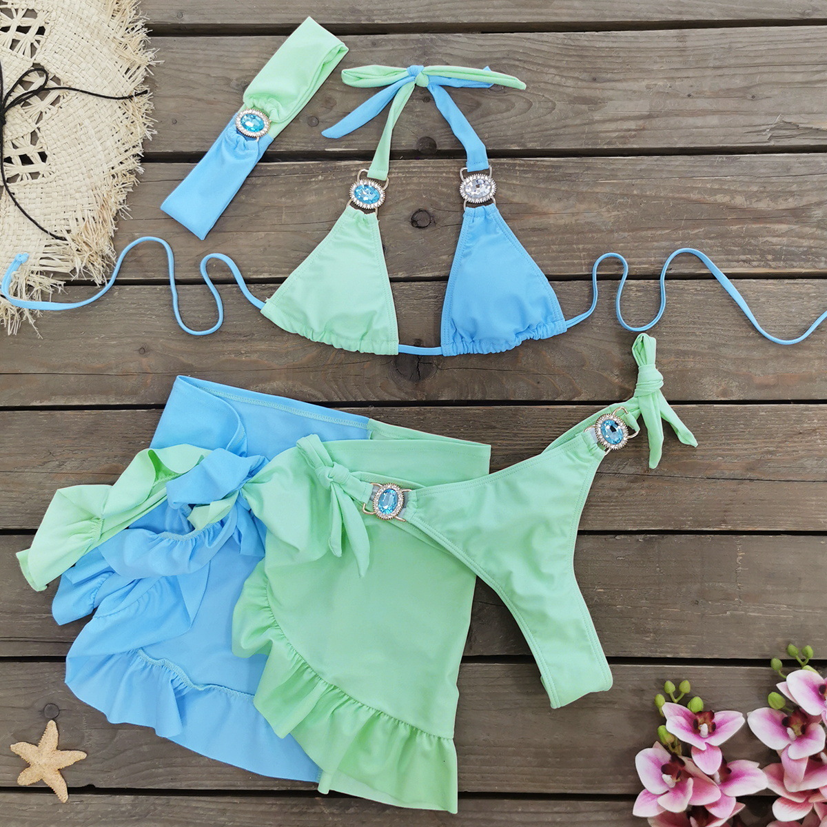 Womens Patchwork Rhinestone Bikini Set Casual Halter Tie Back Swim Bra Swim PantyLadies Summer Swimwear for Beach Holiday 250907