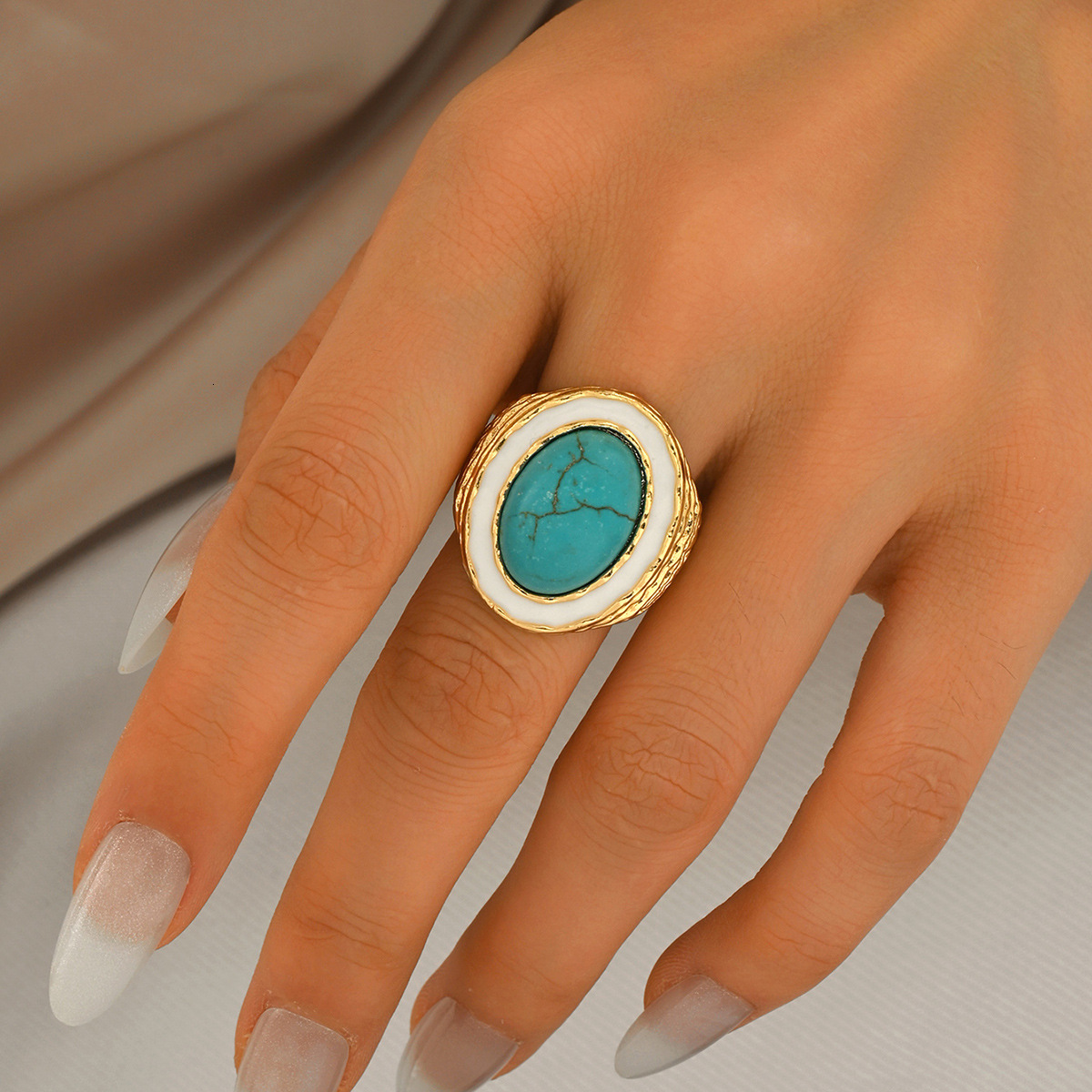 Designer Jewelry European and American retro style women s ring with geometric inlay of turquoise multi layered design open ring versatile hand access