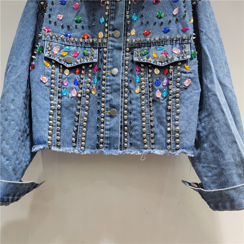 Chic Womens Beaded Rhinestones Denim Bomber Jacket Long-Sleeved Rainbow Color Diamonds Jeans Coat Crystal Streetwear Cow Tops 250121