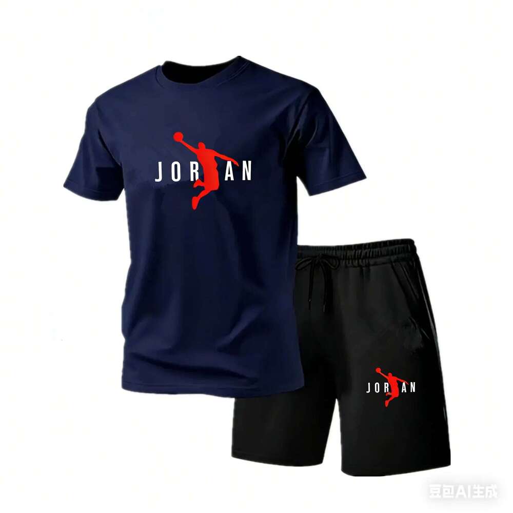 2026 New Jordan Style Men's 2 Piece Set Summer Black Short Sleeve T Shirt Shorts Casual Sports Tracksuits Plus Size S-4XL 26Y0513