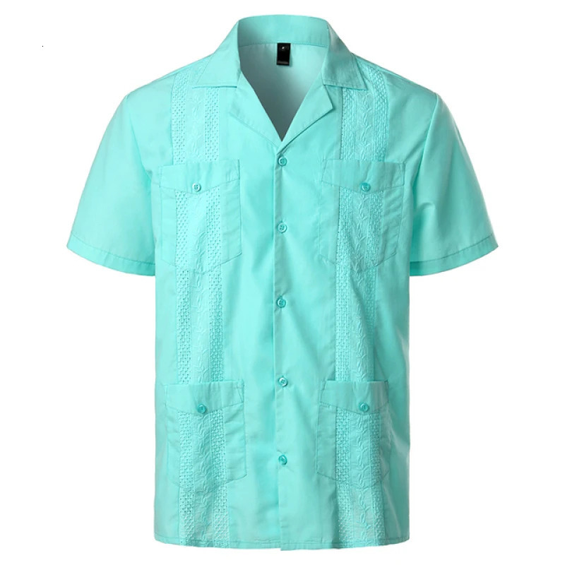 Mens Traditional Cuban Camp Collar Guayabera Shirts Short Sleeve Embroidered Mexican Caribbean Style Beach Shirts with 4 Pocket 260513
