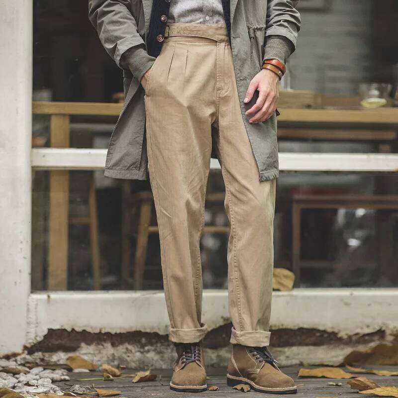 Maden Vintage Adjustable High Waist Gurkha Khaki Casual Cargo Work Pants Classic Straight Trousers for Men's Spring Fall 26W0513