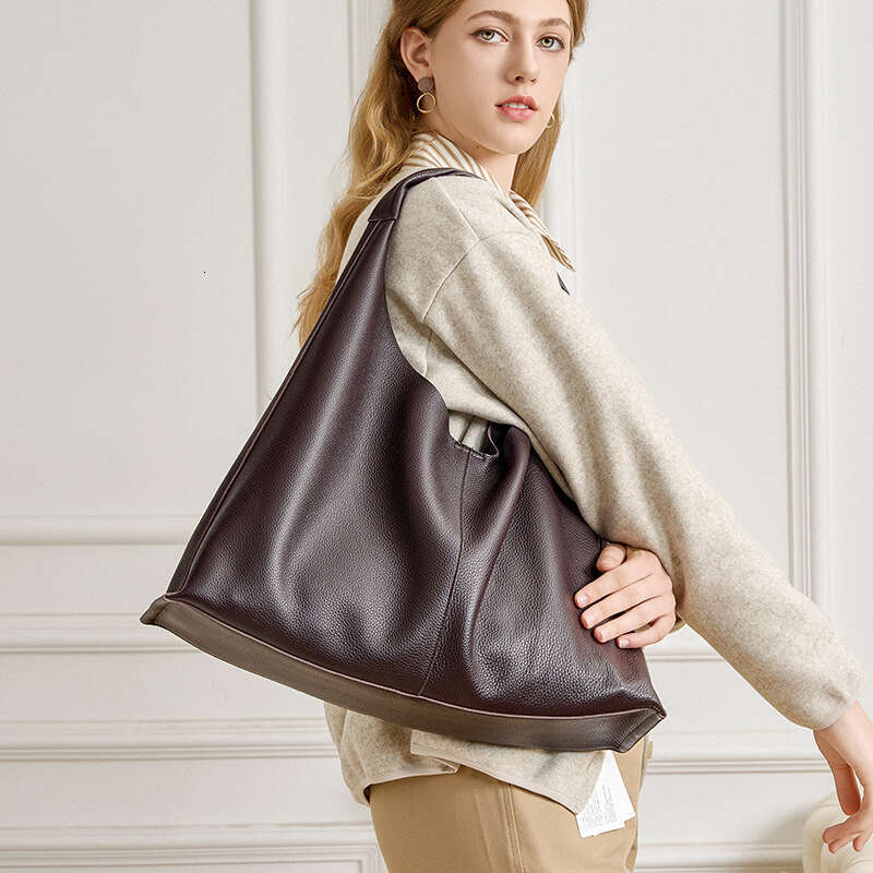 Triangle Top Layer Cowhide Underarm Tote Bag Large Capacity Casual Versatile Cross Border Fashion Elegant Office Commuter Single Shoulder Handbag For 