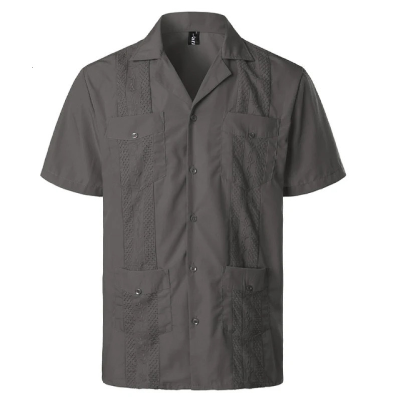 Mens Traditional Cuban Camp Collar Guayabera Shirts Short Sleeve Embroidered Mexican Caribbean Style Beach Shirts with 4 Pocket 260513