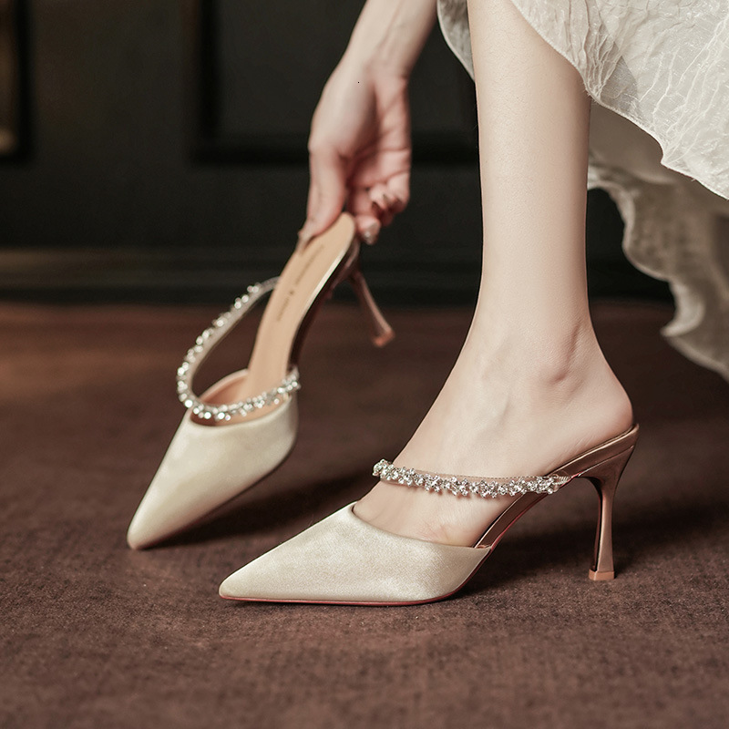 Womens Satin Rhinestone Heeled Sandals Elegant Backless Fashion Gifts Pointed Toe Mules - view 6