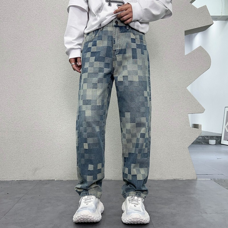 Designer Luxury Brand Loose Plus Size Straight Leg Men's Jeans Fashion Street Must-have Checkered Print Men's Denim Pants Washed Casual Floo