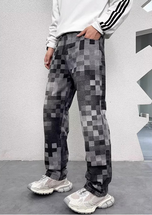 Designer Luxury Brand Loose Plus Size Straight Leg Men's Jeans Fashion Street Must-have Checkered Print Men's Denim Pants Washed Casual Floo
