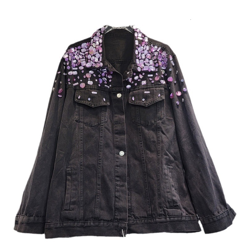 Studded Black Denim Jacket Woman Fashion Model Heavy Industry Rhinestone Beaded Sequins Street Diamond Jean Coat 241223