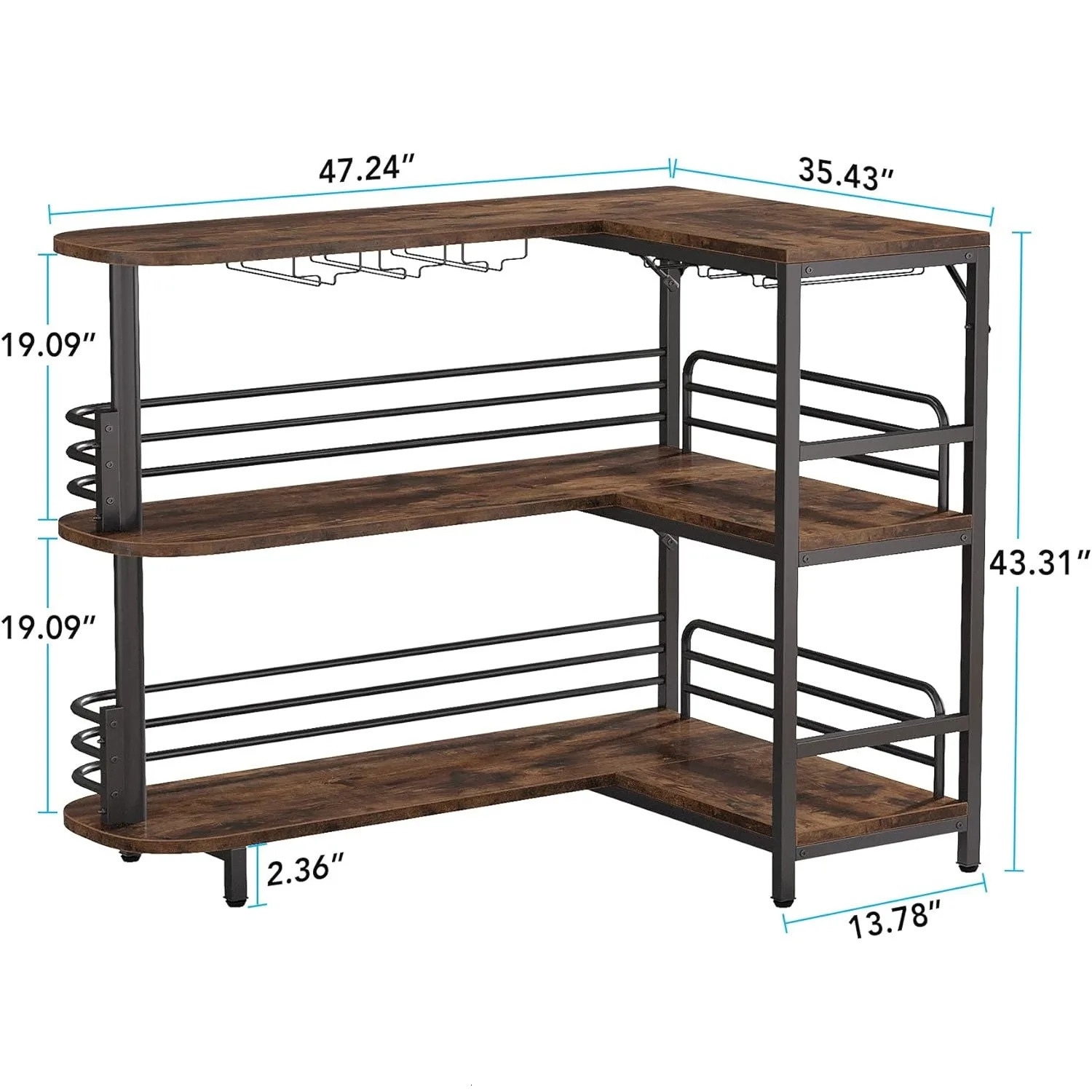 L-Shaped Home Bar Unit 3 Tier Liquor Bar Table with Storage Shelves and Wine Glasses Holder for Home Kitchen Pub Rustic Brown 260512 - view 3