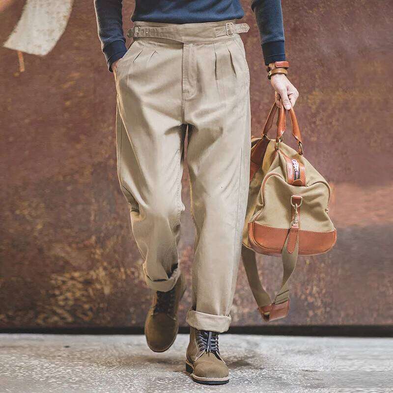Maden Vintage Adjustable High Waist Gurkha Khaki Casual Cargo Work Pants Classic Straight Trousers for Men's Spring Fall 26W0513