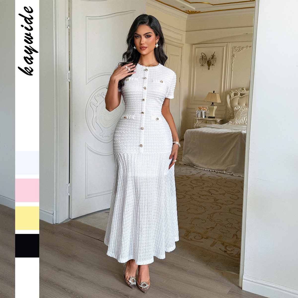 Luxury Designer 2026 European American Style Elegant Solid Color Short-sleeved Bodycon Dress Women's Clothing Autumn And Winter Free Shipping