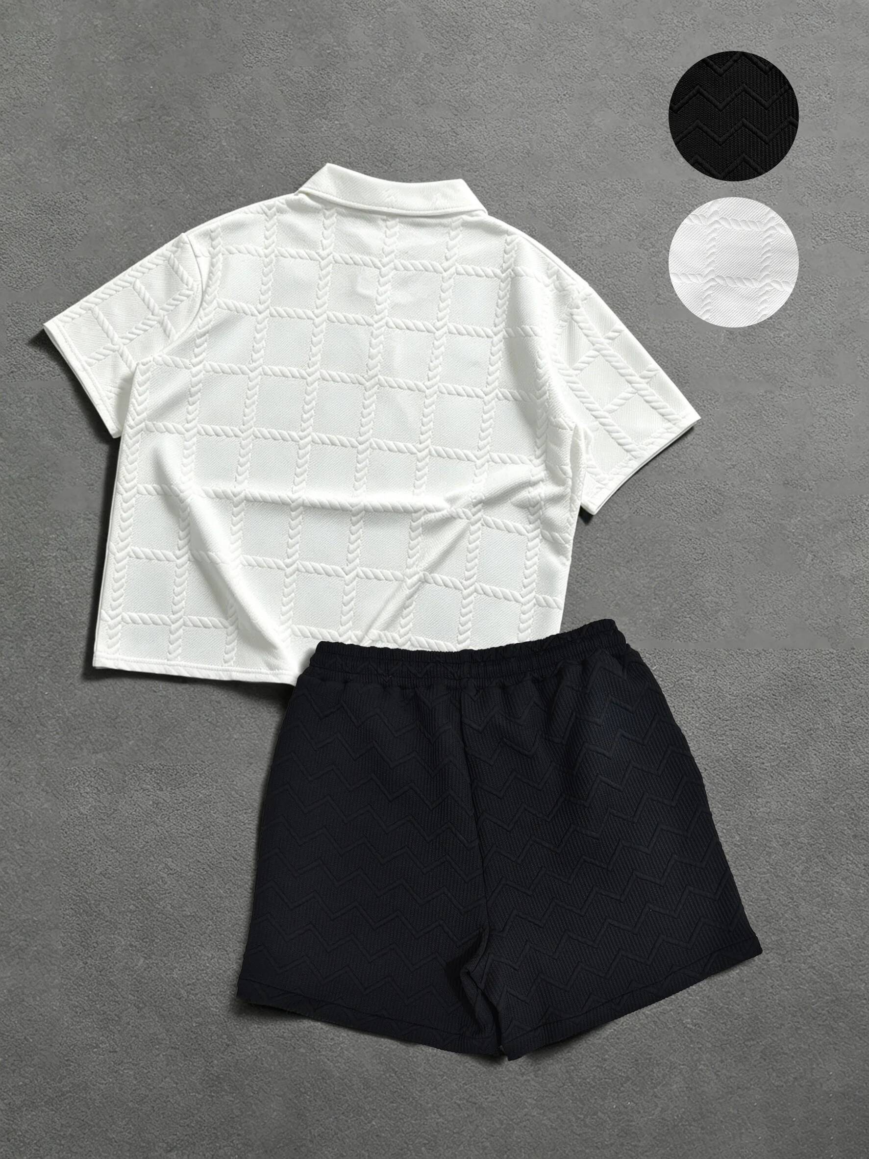 White Textured Polo Shirt + Black Shorts Set, Summer Two-Piece Outfit, Versatile for Daily Wear & Dates