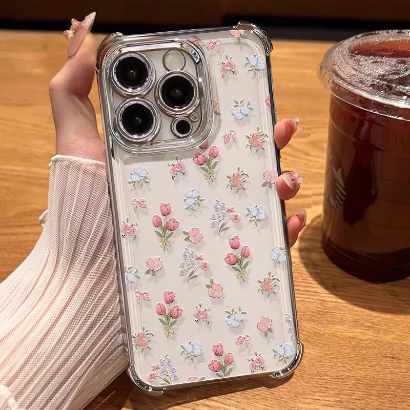 Tulip is suitable for Apple iPhone 17 phone case, Huawei PURA 80 transparent electroplated four-corner anti-drop protective cover