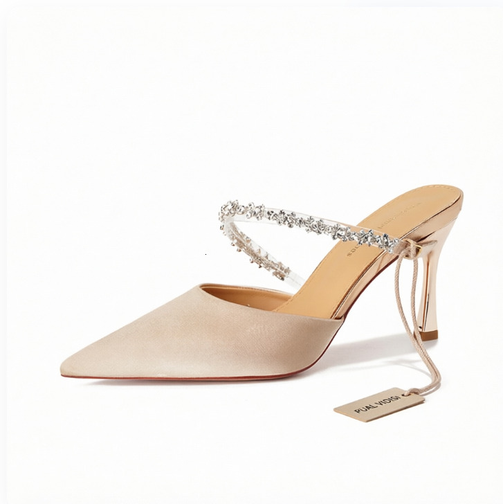 Womens Satin Rhinestone Heeled Sandals Elegant Backless Fashion Gifts Pointed Toe Mules - view 3