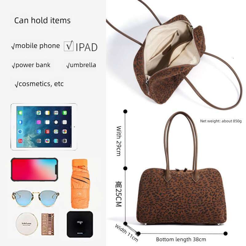 Leopard Print American Niche Handbag Matte Suede Bowling Bag Large Capacity Fashion Underarm Shoulder Bag Casual Commute Travel Daily Women Handbag SE