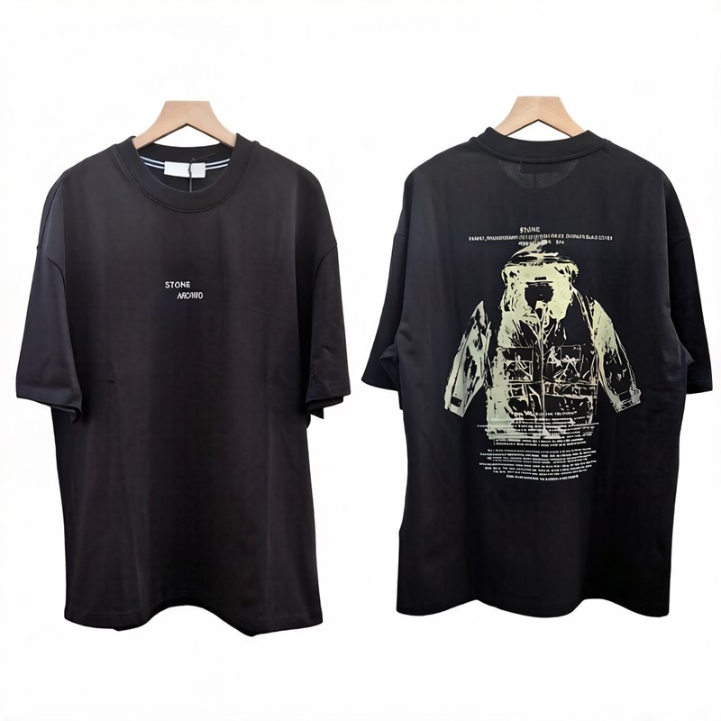 Men Stone Outdoor T-Shirt Mosaic Lettering Round Neck Short-Sleeved Cotton Loose T-Shirt