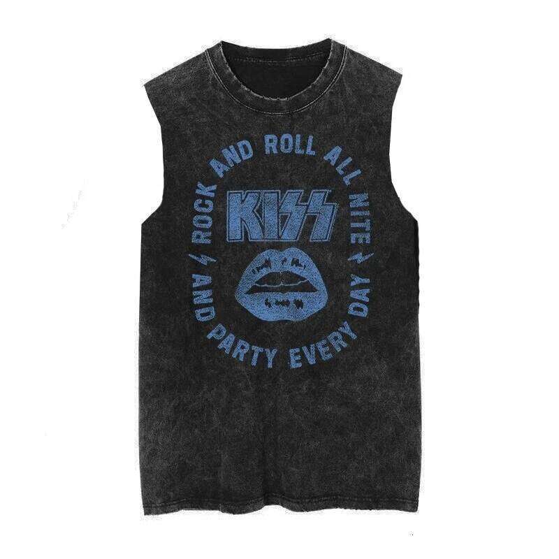 American Vintage Kiss Band Washed Old Men's Women's Summer 2026 Loose Vest Retro Fashion Trend Sleeveless T-shirt Tank Tops