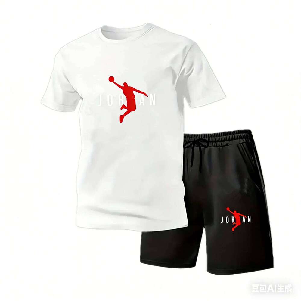 2026 New Jordan Style Men's 2 Piece Set Summer Black Short Sleeve T Shirt Shorts Casual Sports Tracksuits Plus Size S-4XL 26Y0513