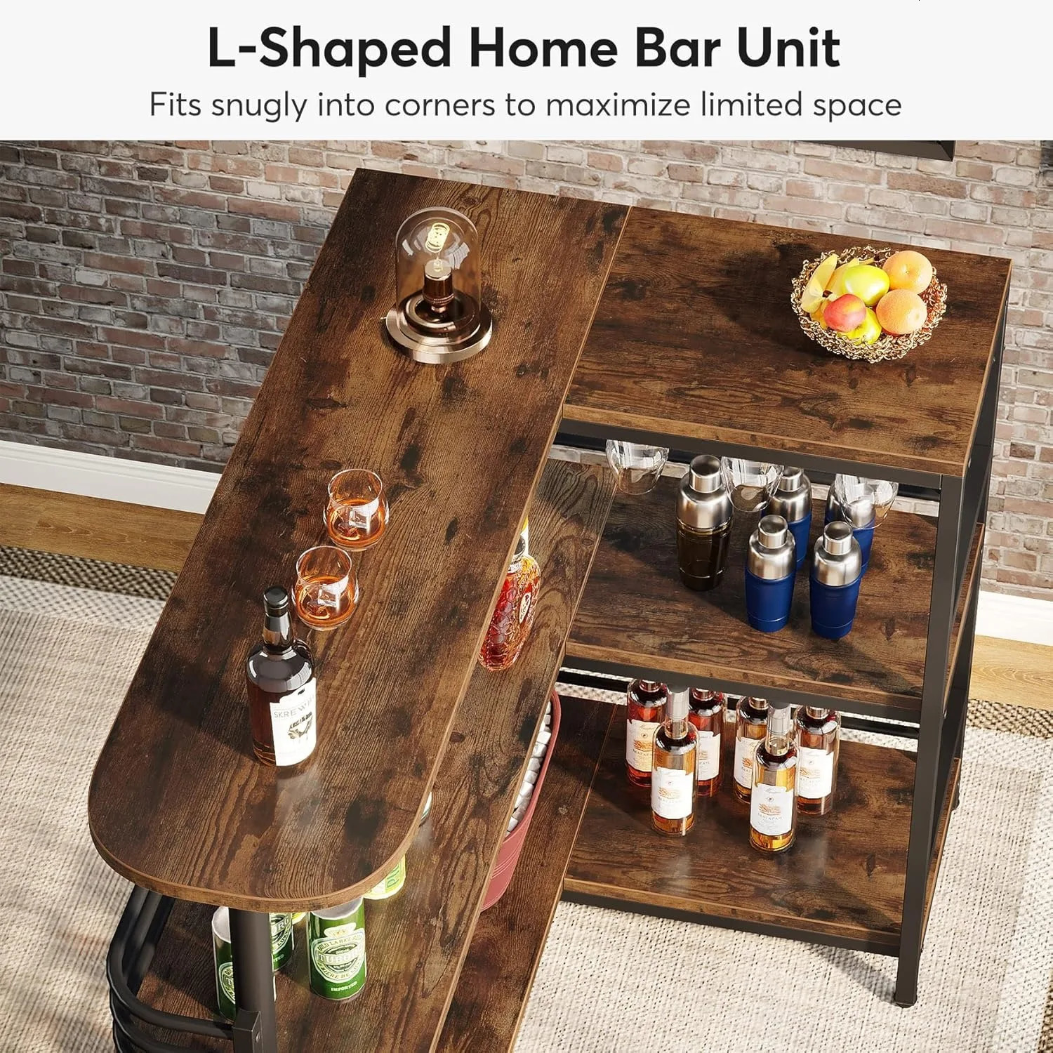 L-Shaped Home Bar Unit 3 Tier Liquor Bar Table with Storage Shelves and Wine Glasses Holder for Home Kitchen Pub Rustic Brown 260512 - view 7