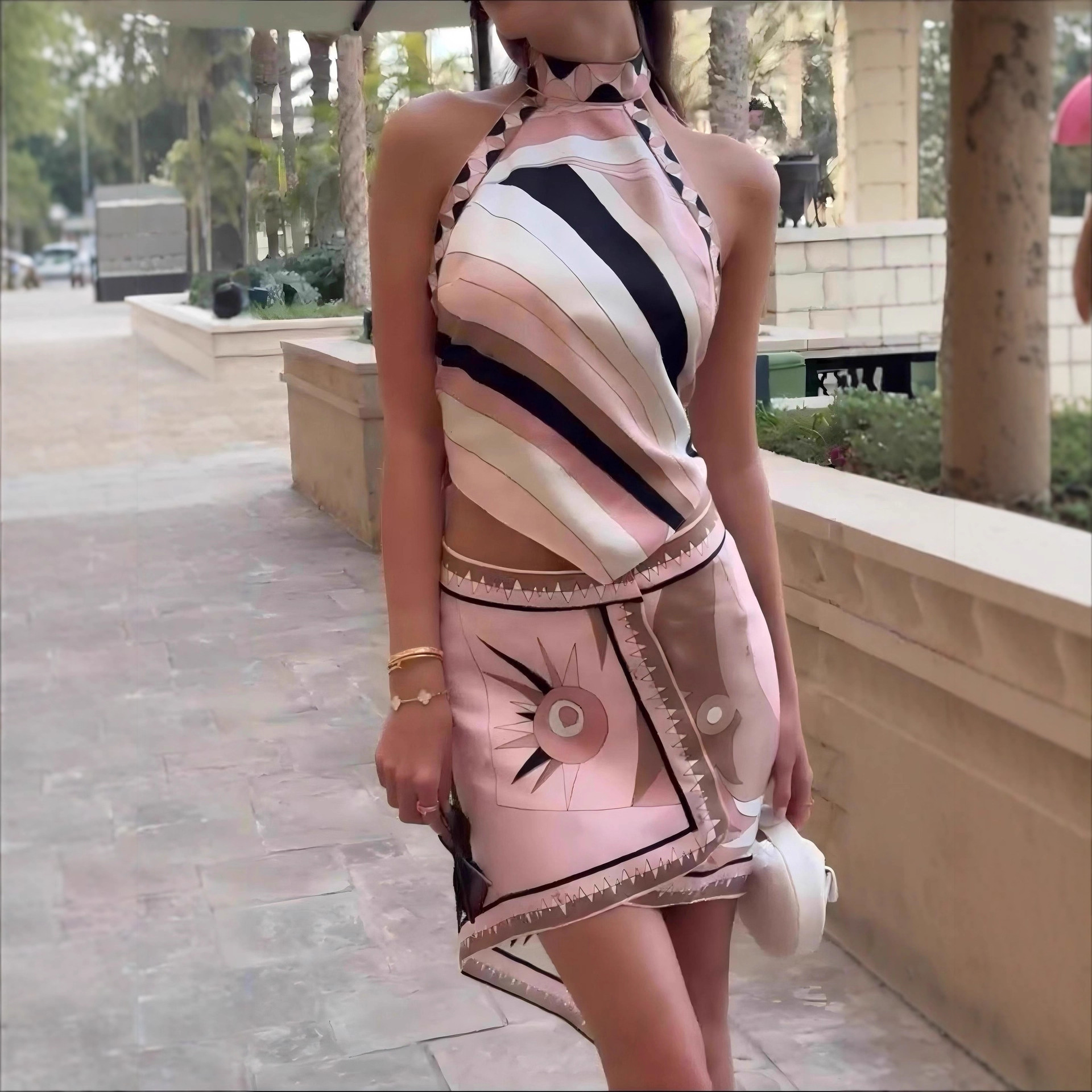 Designer website new sexy satin halter neck backless top irregular skirt shorts set