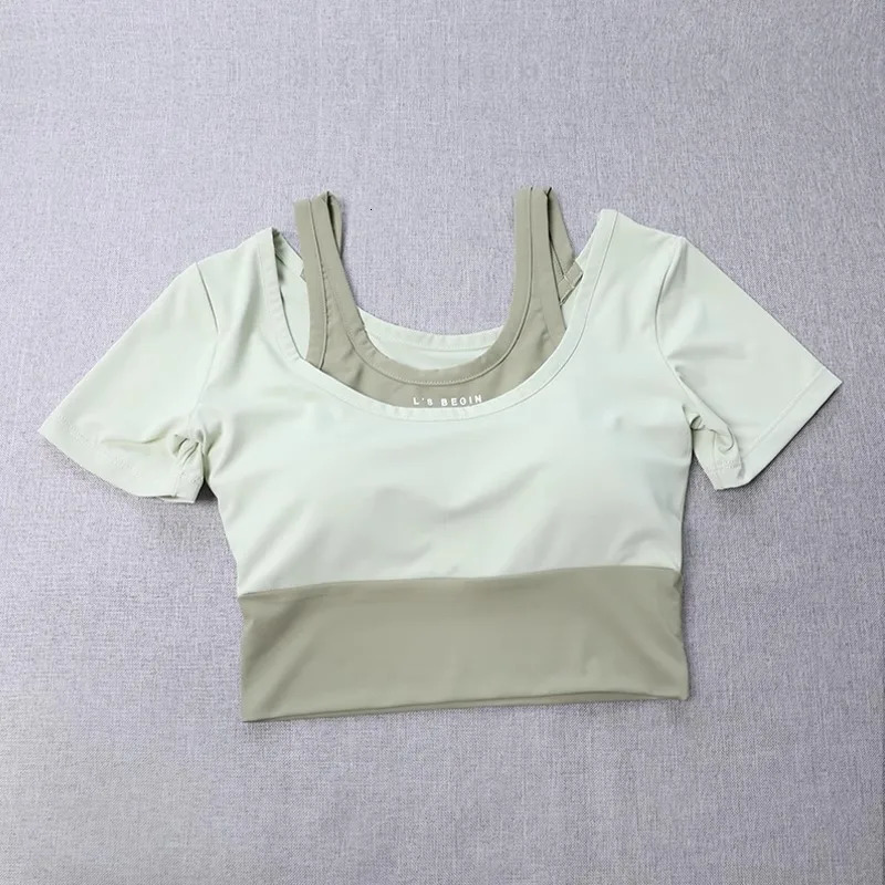 Womens 2in1 Builtin Bra Tight Yoga Top QuickDry Cropped Workout Shirt Summer Fitness Training Short Sleeve 260512