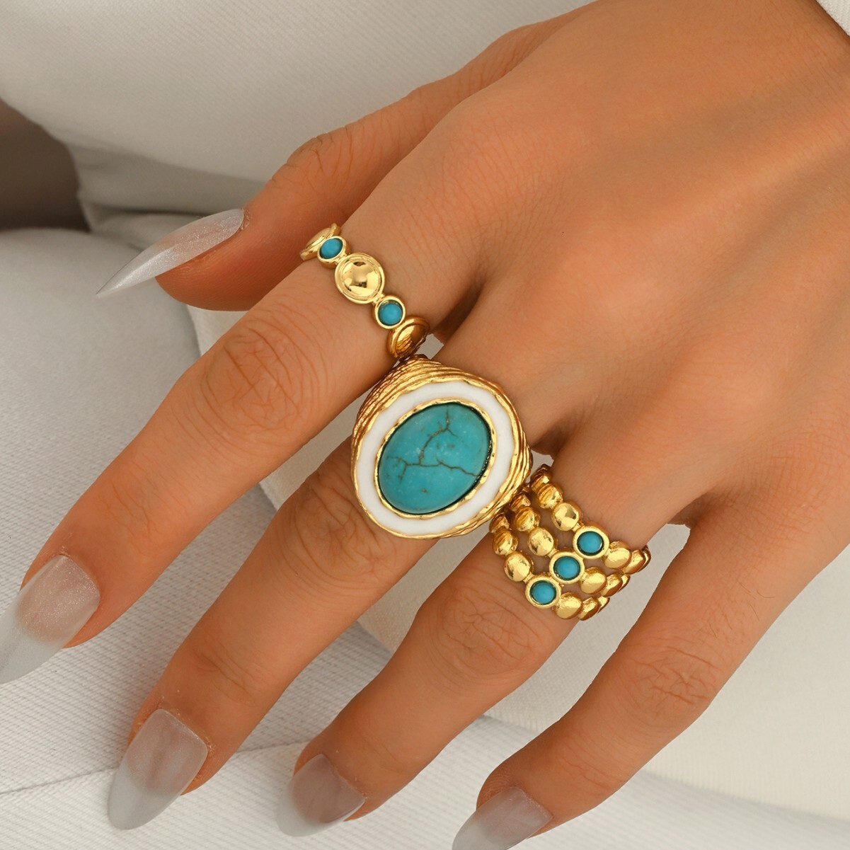 Designer Jewelry European and American retro style women s ring with geometric inlay of turquoise multi layered design open ring versatile hand access