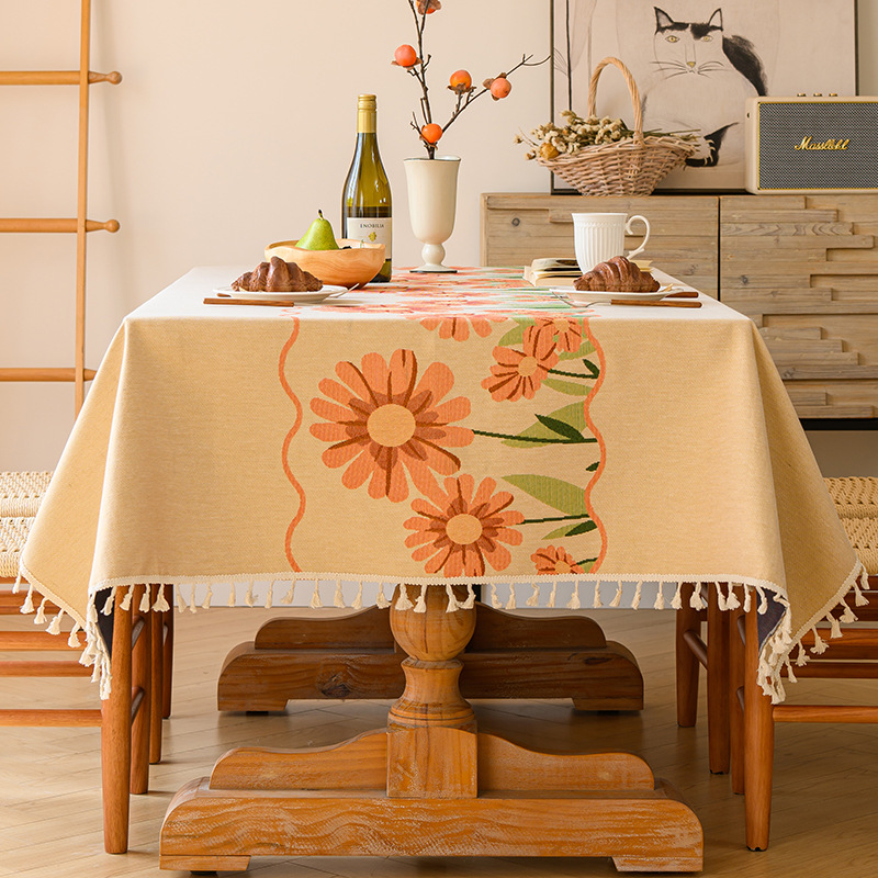 YL-38637 Customized Pastoral Chrysanthemum Tablecloth, Embroidered Fresh Style, Round Cotton Linen Cover for Dining Tables and Desks