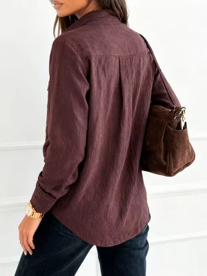 2026 Spring Womens Burgundy Textured Long Sleeve Shirt with TurnDown Collar and Double Pockets Loose Fit Versatile for Work Casual Wear 260513BJ - view 3