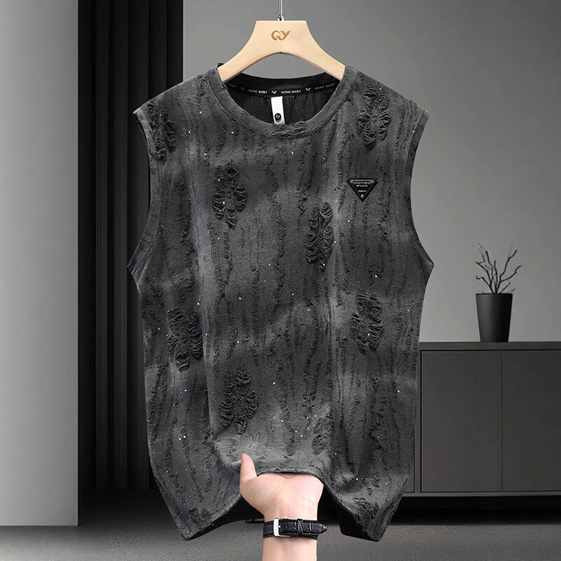 Designer New Summer T-Shirt for Men Trendy Versatile Loose Sleeveless Tee Round Neck Casual Distressed Tank Top