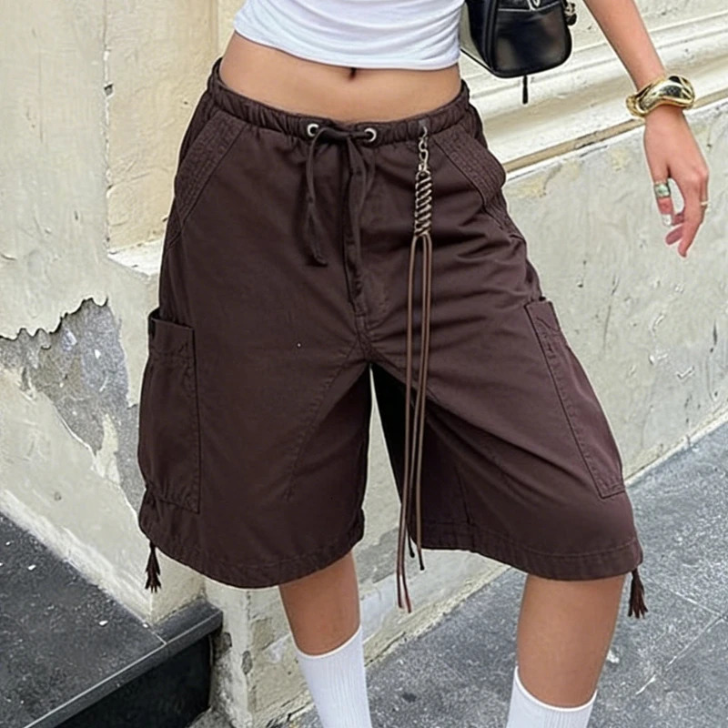 American Retro Cargo Bermuda Shorts Loose Knee Length Denim Shorts with Drawstring Y2K Aesthetic Grunge Streetwear Women Jorts 260511 - view 5