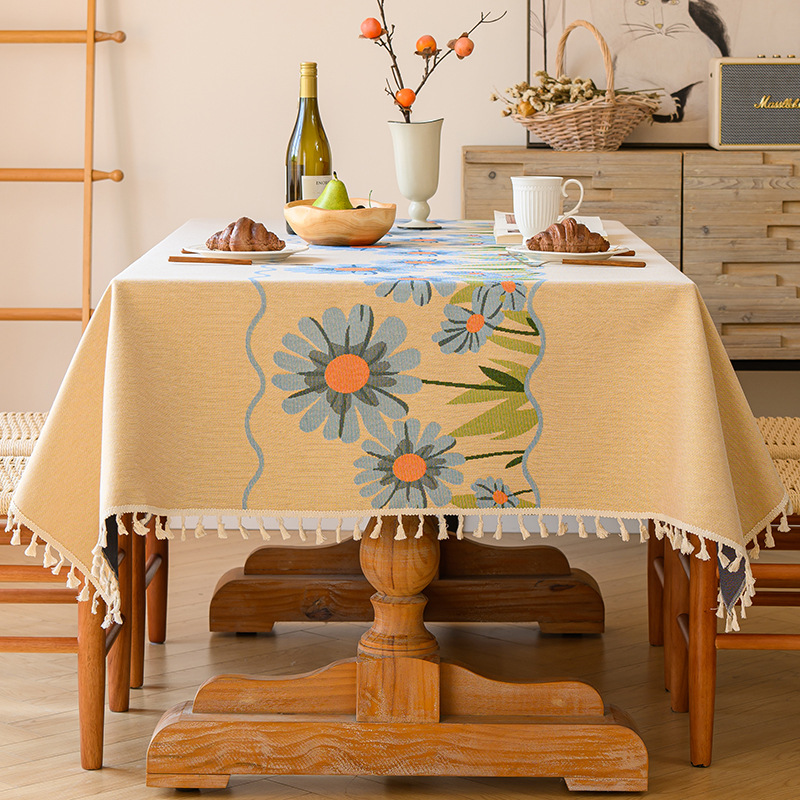 YL-38637 Customized Pastoral Chrysanthemum Tablecloth, Embroidered Fresh Style, Round Cotton Linen Cover for Dining Tables and Desks