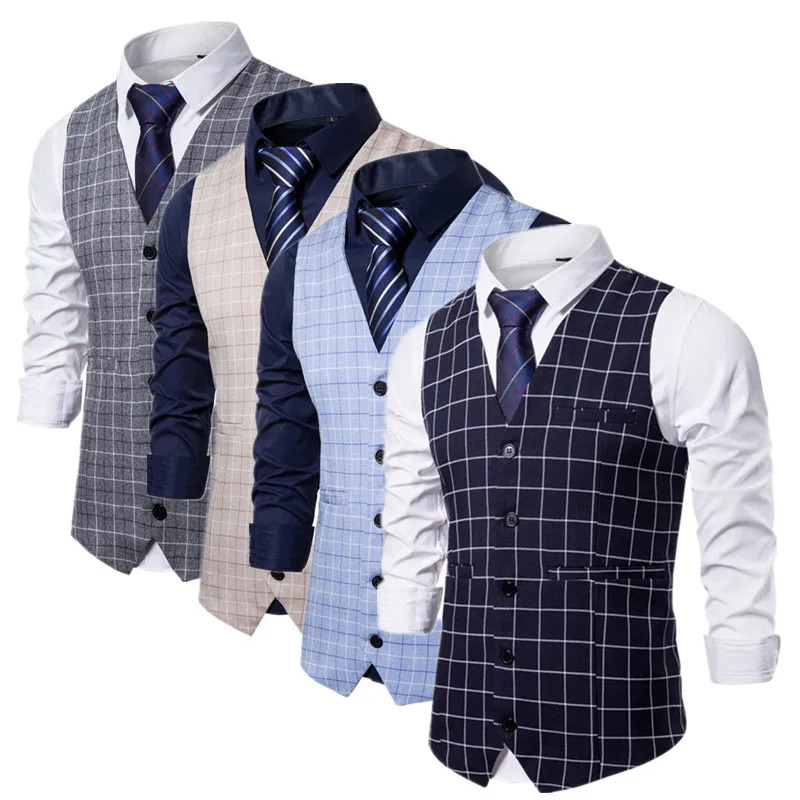 Men Business Social Checkered Suit Vest Loose Top Homme Wedding Ball Party Dress Waistcoat 260508