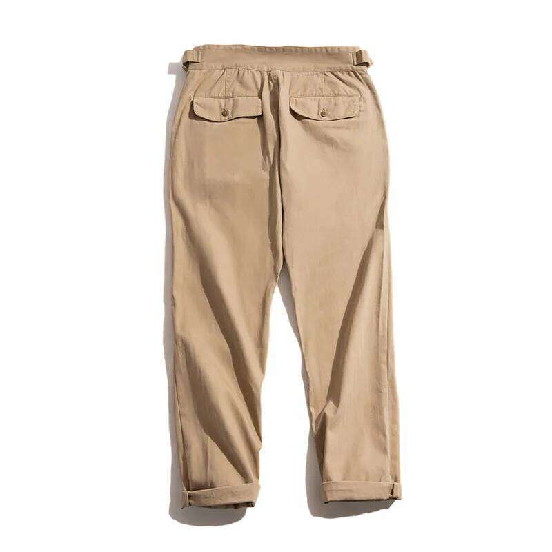 Maden Vintage Adjustable High Waist Gurkha Khaki Casual Cargo Work Pants Classic Straight Trousers for Men's Spring Fall 26W0513