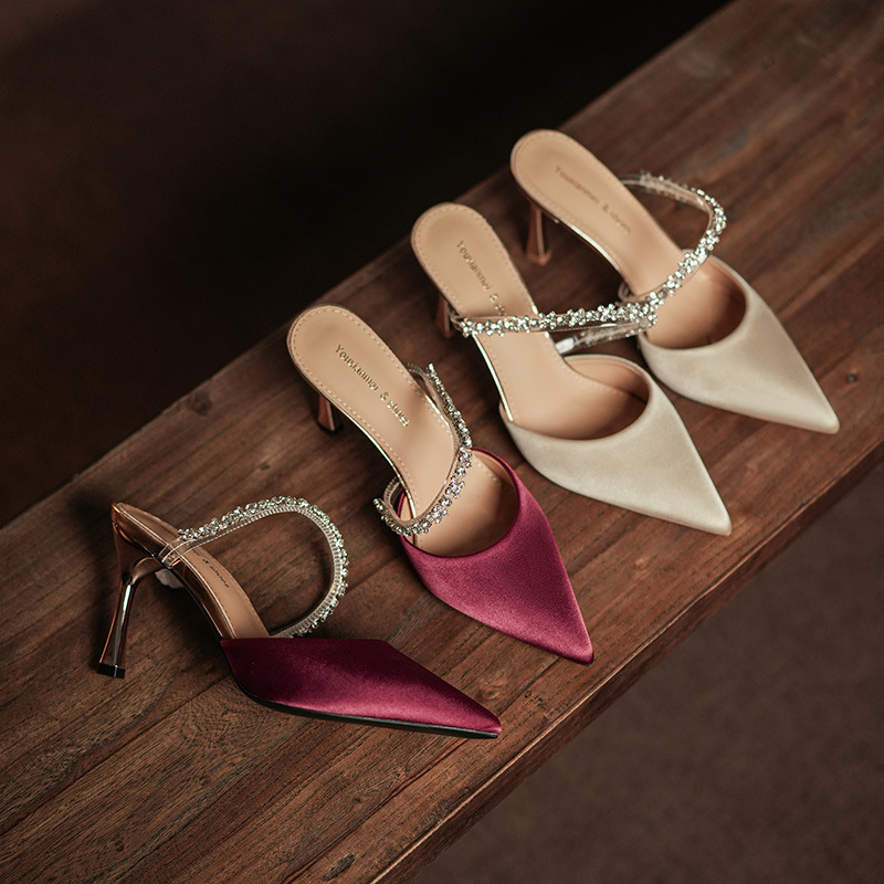 Womens Satin Rhinestone Heeled Sandals Elegant Backless Fashion Gifts Pointed Toe Mules - view 4