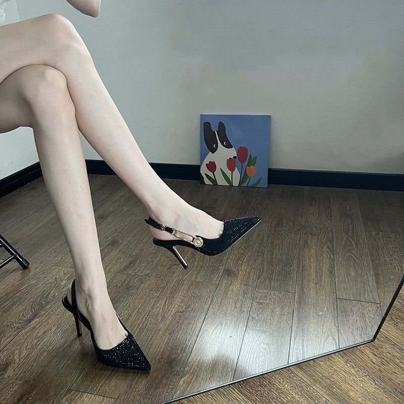 Womens Rhinestone Embellished Slingback Heels With Safety Pin Detail Pointed Toe