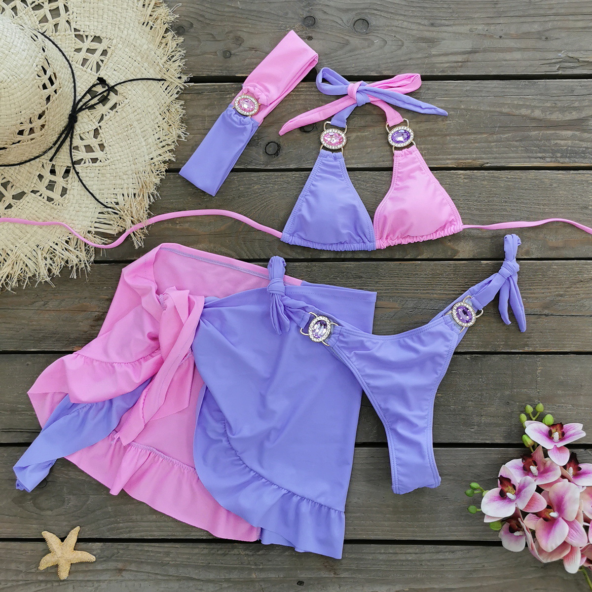 Womens Patchwork Rhinestone Bikini Set Casual Halter Tie Back Swim Bra Swim PantyLadies Summer Swimwear for Beach Holiday 250907