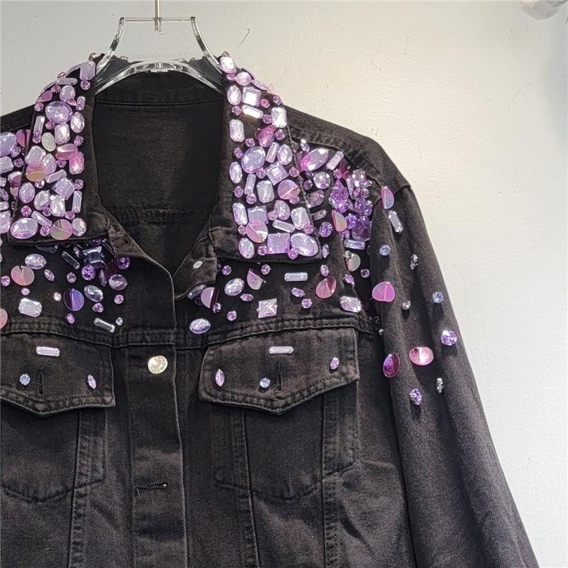 Studded Black Denim Jacket Woman Fashion Model Heavy Industry Rhinestone Beaded Sequins Street Diamond Jean Coat 241223