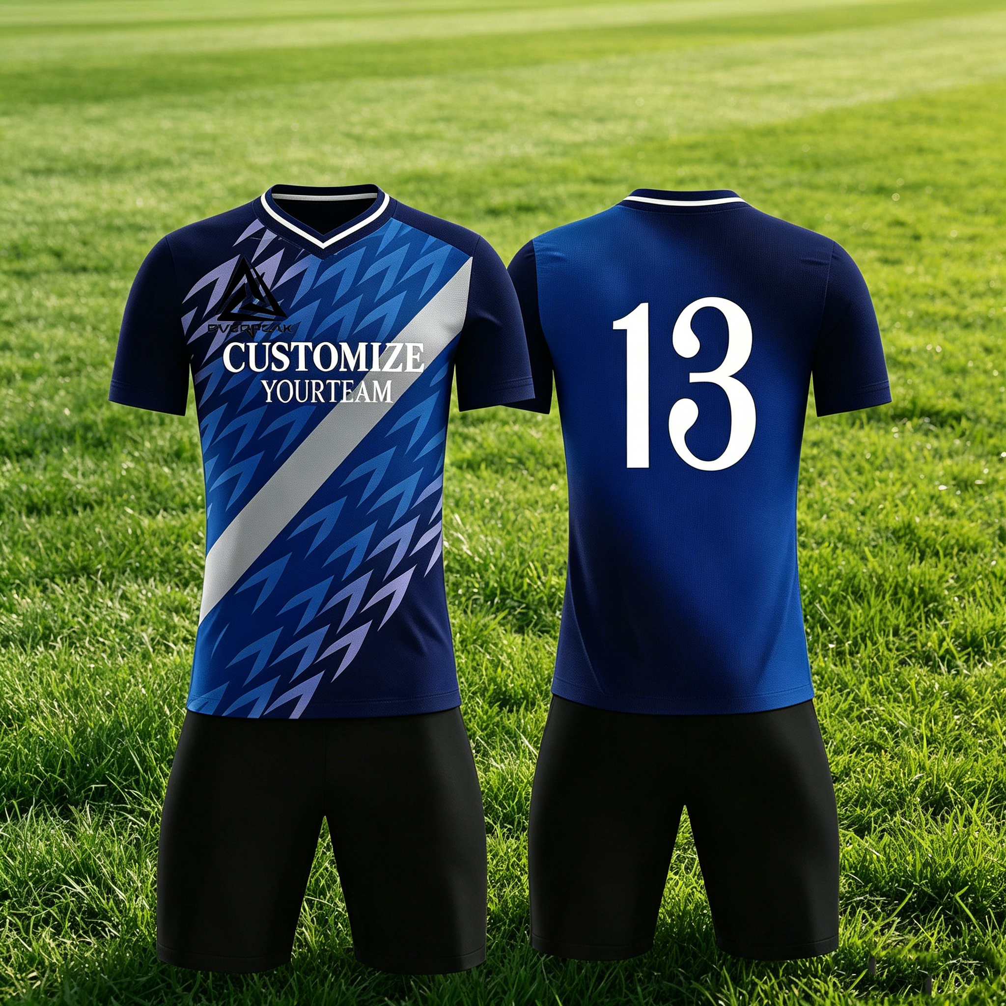Custom Soccer Jersey Set Men Navy Blue Gradient with Silver Stripe Football Uniform with Shorts Personalized Name Number Breathable Quick Dry Kit - view 5
