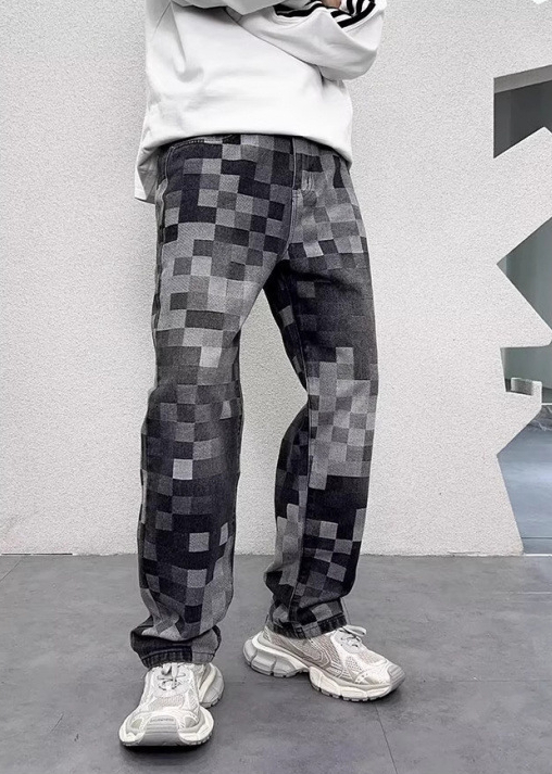 Designer Luxury Brand Loose Plus Size Straight Leg Men's Jeans Fashion Street Must-have Checkered Print Men's Denim Pants Washed Casual Floo