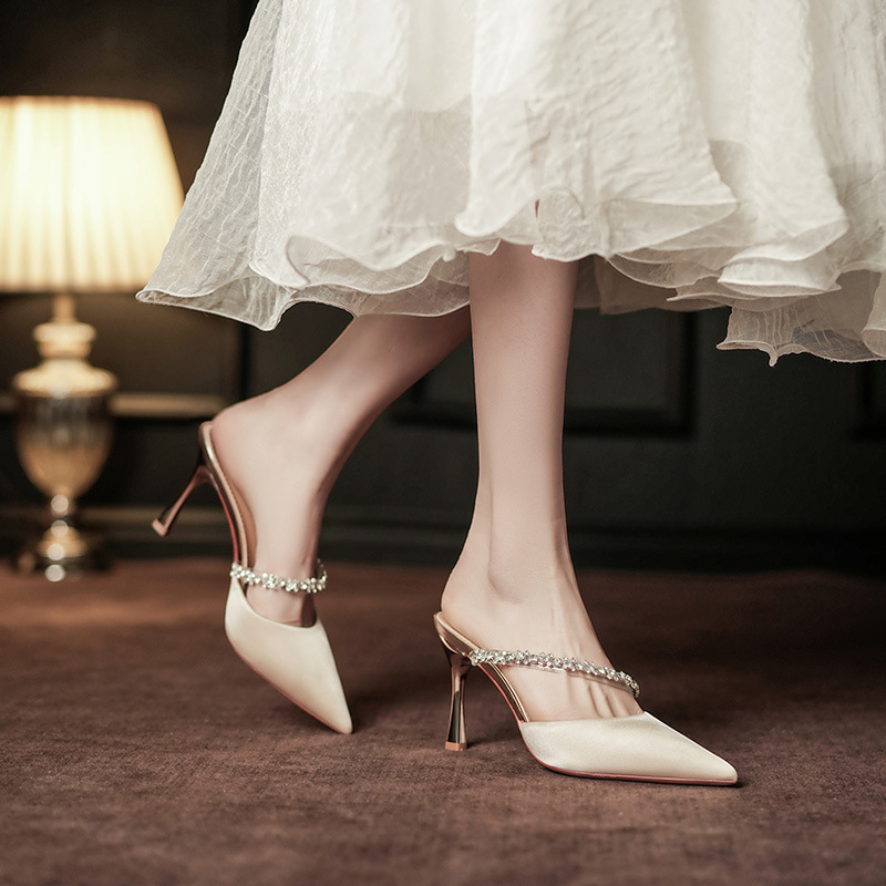 Womens Satin Rhinestone Heeled Sandals Elegant Backless Fashion Gifts Pointed Toe Mules