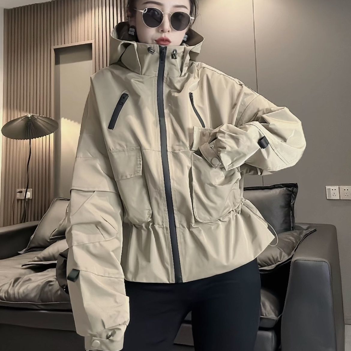 Casual Womens Stand Collar Drawstring Waist Cinch Spring Jacket 2026 Loose Long Sleeves Windbreaker Summer Lady Commute Coat 260327