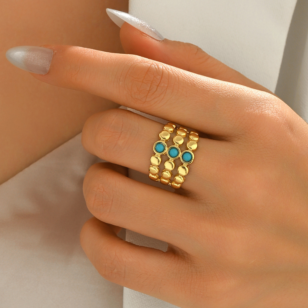 Designer Jewelry European and American retro style women s ring with geometric inlay of turquoise multi layered design open ring versatile hand access