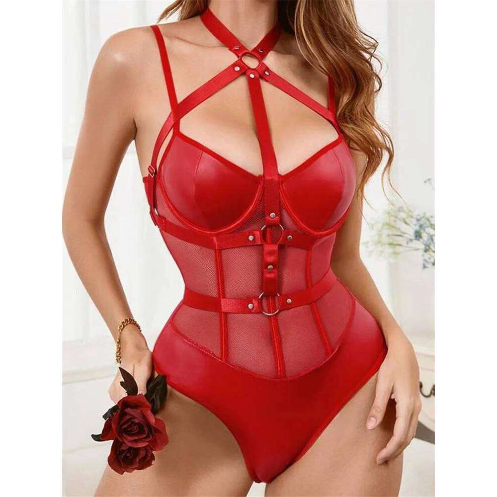 Women's Mesh PU Leather Bodysuits Sleeveless Halter Hollow Out Leotard Body Top Jumpsuits for Party Club - view 6