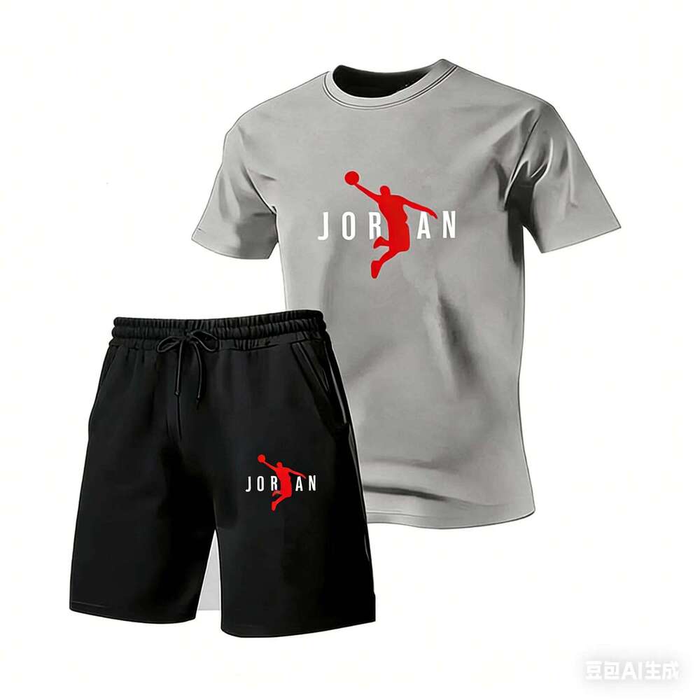 2026 New Jordan Style Men's 2 Piece Set Summer Black Short Sleeve T Shirt Shorts Casual Sports Tracksuits Plus Size S-4XL 26Y0513