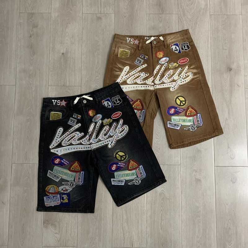 Colorful RhinESTone VALLEY Embroidery Patch Label Denim Shorts Jorts Men Women Loose Straight Short JeansJ260513