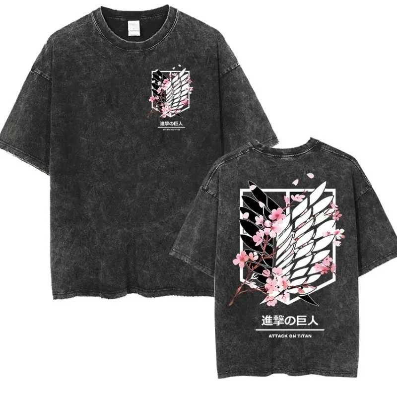 Anime Attack Titan Retro Wash Printed T-shirt Mikasa Ackerman Eren Jaeger Free Wings Pattern Mens Summer T-shirt L260513