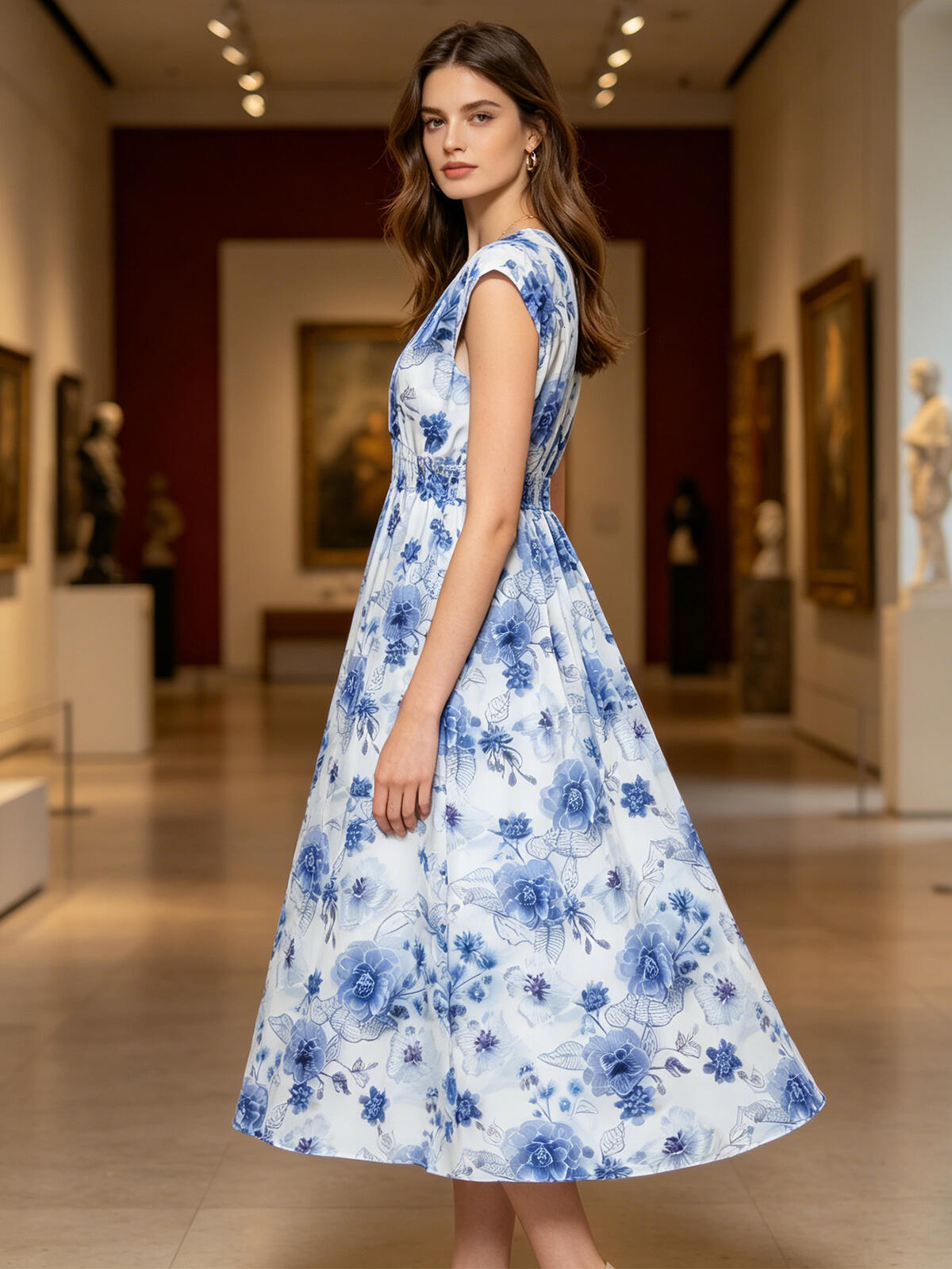 Luxury-lite ink-blue floral chiffon long dress. Elegant V-neck high-waisted slimming beach-style floral dress.