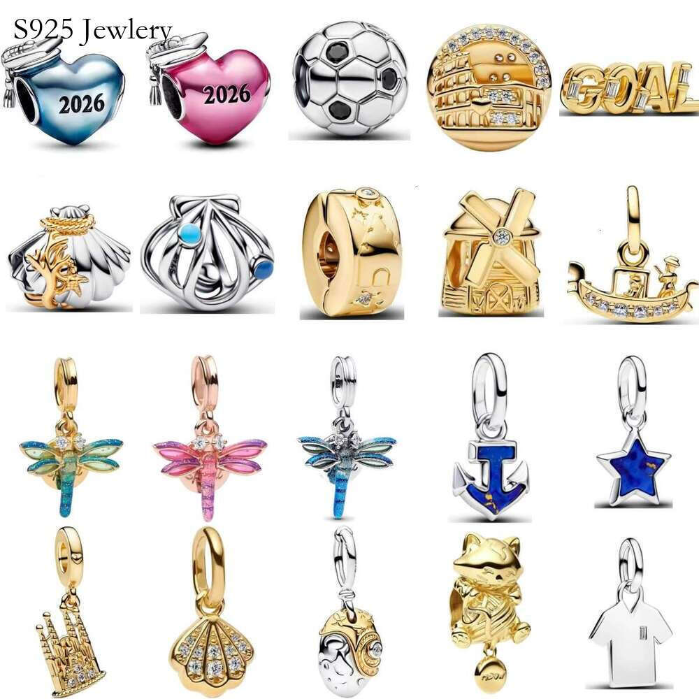 2026 New 925 Silver Sports Charm dragonfly Charms Seashell Soccer Ball Anchor Moon Star Dangle Beads Fit Sterling Silve Bracelet DIY Gift for women je
